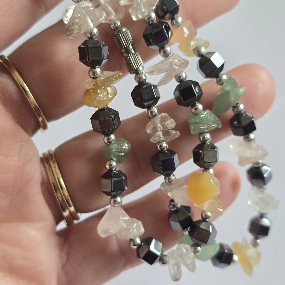 Handmade gemstone necklace beaded yellow green grey gray silver tone clear